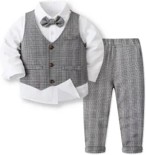 Boys 3Pcs Clothing Sets Cotton Long Sleeve Bowtie Shirts  Vest  Pants Casual Suit