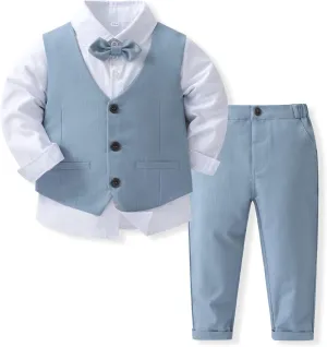 Boys 3Pcs Clothing Sets Cotton Long Sleeve Bowtie Shirts  Vest  Pants Casual Suit