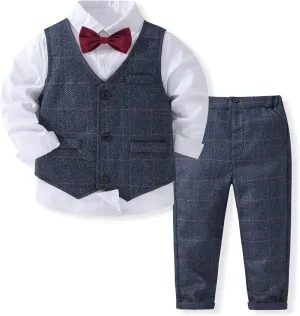 Boys 3Pcs Clothing Sets Cotton Long Sleeve Bowtie Shirts  Vest  Pants Casual Suit