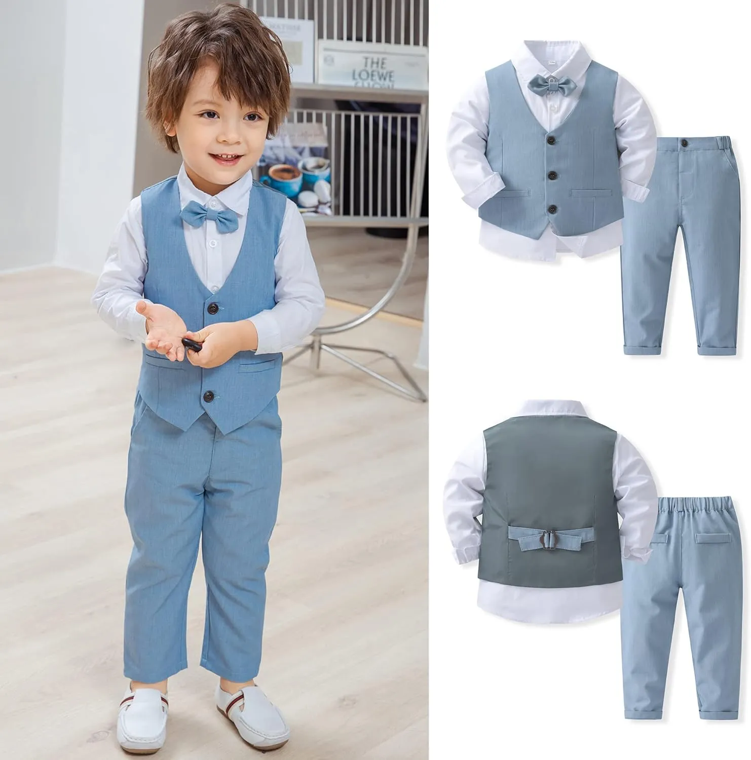 Boys 3Pcs Clothing Sets Cotton Long Sleeve Bowtie Shirts  Vest  Pants Casual Suit
