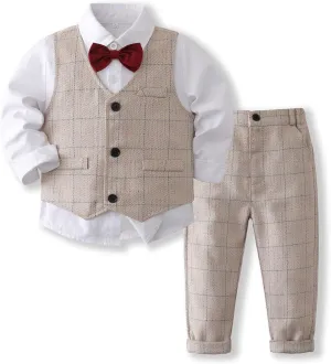 Boys 3Pcs Clothing Sets Cotton Long Sleeve Bowtie Shirts  Vest  Pants Casual Suit