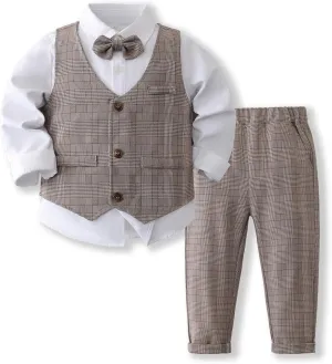 Boys 3Pcs Clothing Sets Cotton Long Sleeve Bowtie Shirts  Vest  Pants Casual Suit