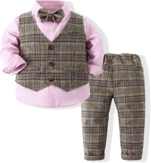 Boys 3Pcs Clothing Sets Cotton Long Sleeve Bowtie Shirts  Vest  Pants Casual Suit