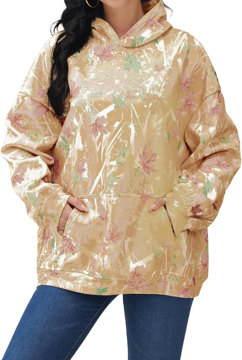 Camo Hoodies Womens Sweatshirt Maple Leaf Print Oversized Fleece Sweatshirts Classic Pullover Tunic Tops with Pocket