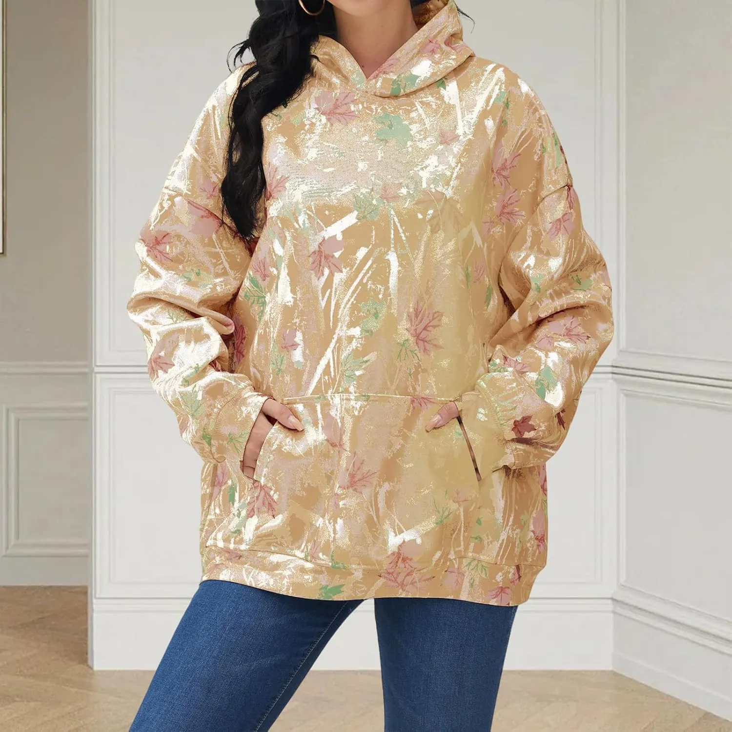 Camo Hoodies Womens Sweatshirt Maple Leaf Print Oversized Fleece Sweatshirts Classic Pullover Tunic Tops with Pocket