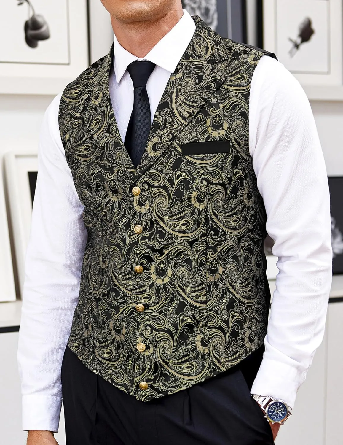 COOFANDY Mens Suit Vest Paisley Floral Victorian Vests Gothic Steampunk Formal Waistcoat Tuxedo Vests with Notched Lapels