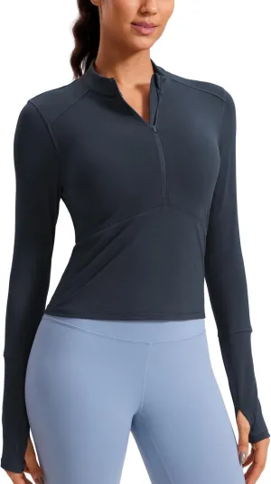 CRZ YOGA Women's Long Sleeve Crop Top Quick Dry Cropped Workout Shirts Half Quarter Zip Pullover Running Athletic Fall Shirt