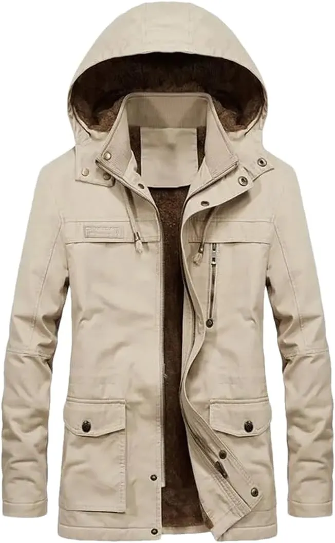 Dbdkejj Man Thick Warmjacket Winter Parkas Casual Cotton Padded Multi-Pocket Hoodies Coat