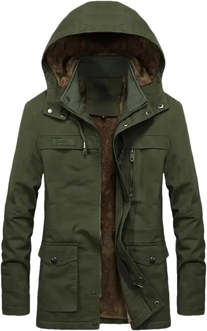 Dbdkejj Man Thick Warmjacket Winter Parkas Casual Cotton Padded Multi-Pocket Hoodies Coat