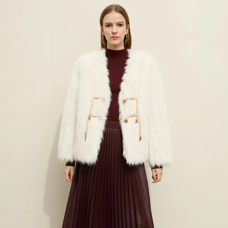 Elegant Loose Fur V-neck Coat with Leather Buckle