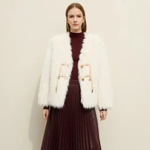Elegant Loose Fur V-neck Coat with Leather Buckle