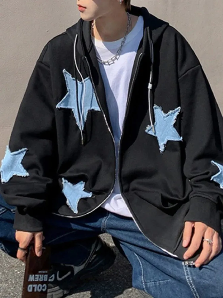 Emo Star Patch Oversized Zip-Up Hoodie  Y2K Vintage Streetwear