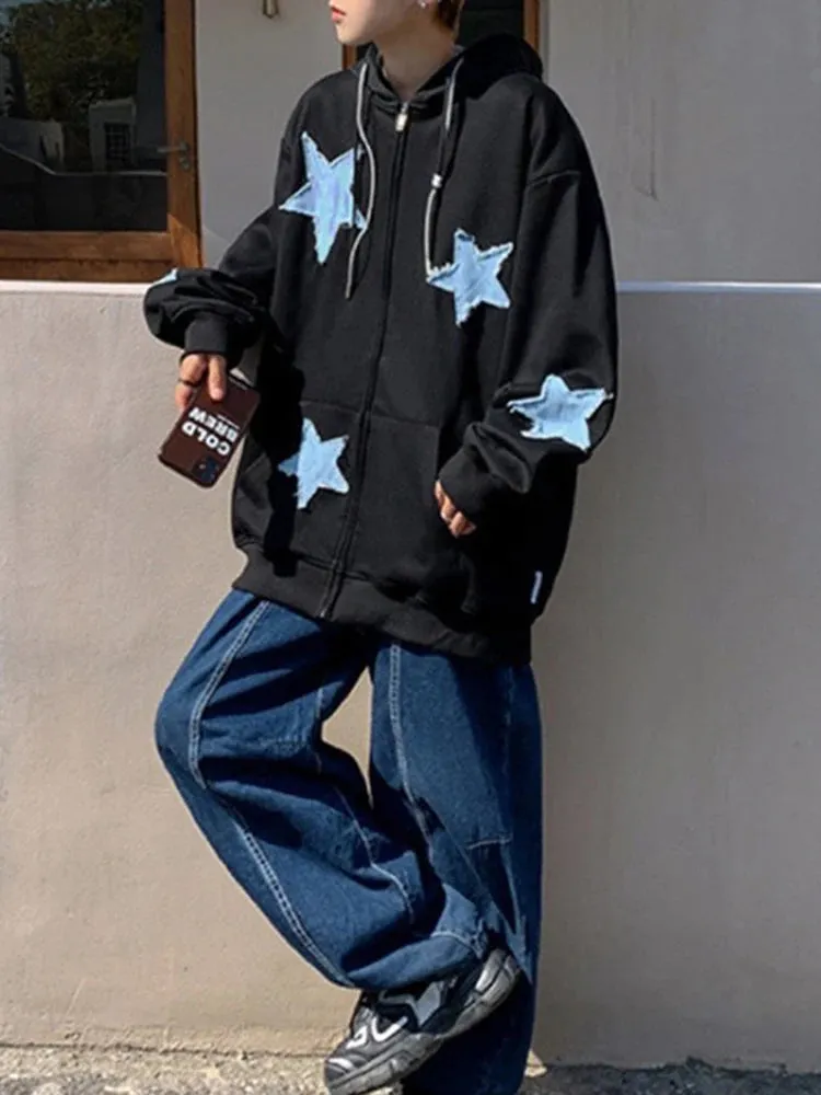 Emo Star Patch Oversized Zip-Up Hoodie  Y2K Vintage Streetwear