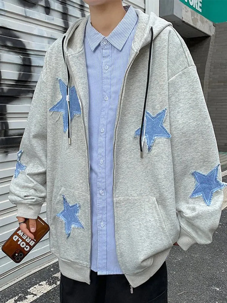 Emo Star Patch Oversized Zip-Up Hoodie  Y2K Vintage Streetwear