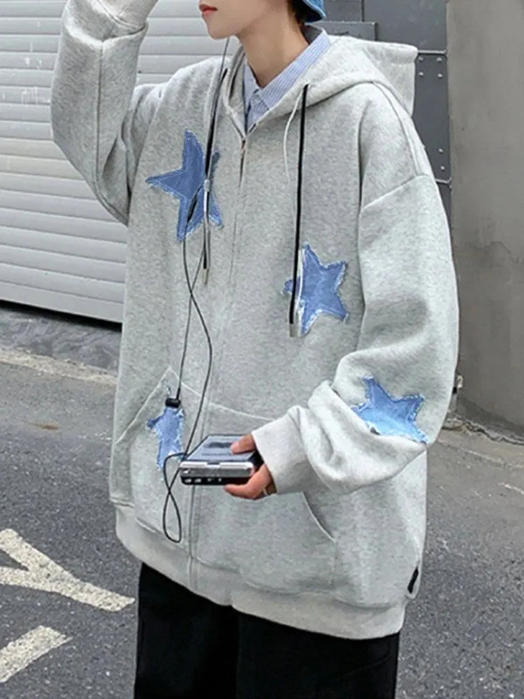 Emo Star Patch Oversized Zip-Up Hoodie  Y2K Vintage Streetwear