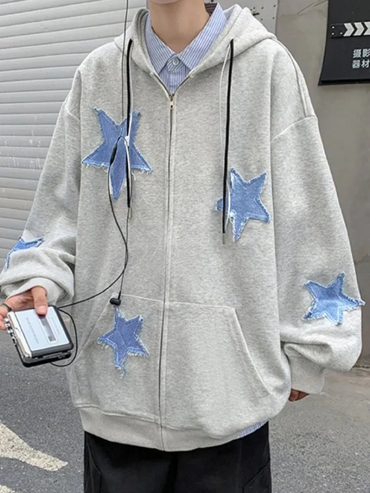 Emo Star Patch Oversized Zip-Up Hoodie  Y2K Vintage Streetwear