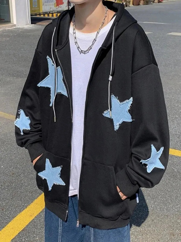 Emo Star Patch Oversized Zip-Up Hoodie  Y2K Vintage Streetwear