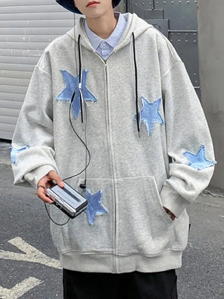 Emo Star Patch Oversized Zip-Up Hoodie  Y2K Vintage Streetwear