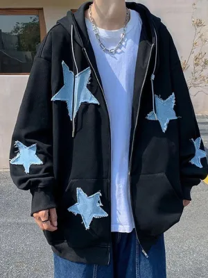 Emo Star Patch Oversized Zip-Up Hoodie  Y2K Vintage Streetwear