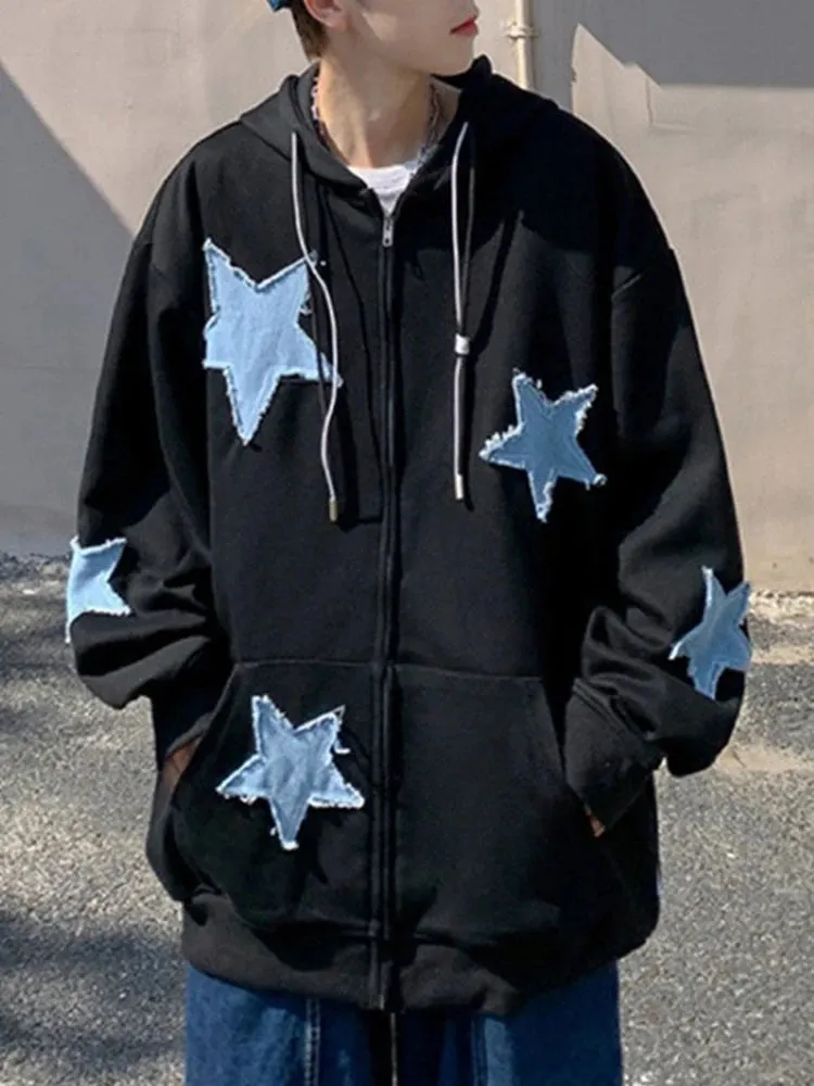 Emo Star Patch Oversized Zip-Up Hoodie  Y2K Vintage Streetwear