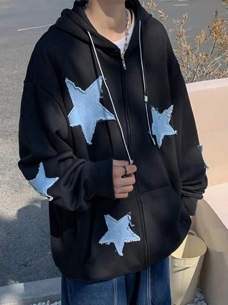 Emo Star Patch Oversized Zip-Up Hoodie  Y2K Vintage Streetwear
