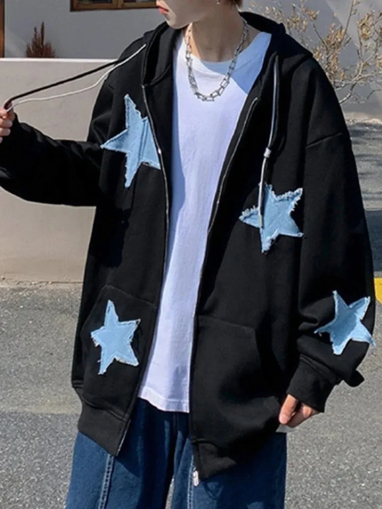 Emo Star Patch Oversized Zip-Up Hoodie  Y2K Vintage Streetwear