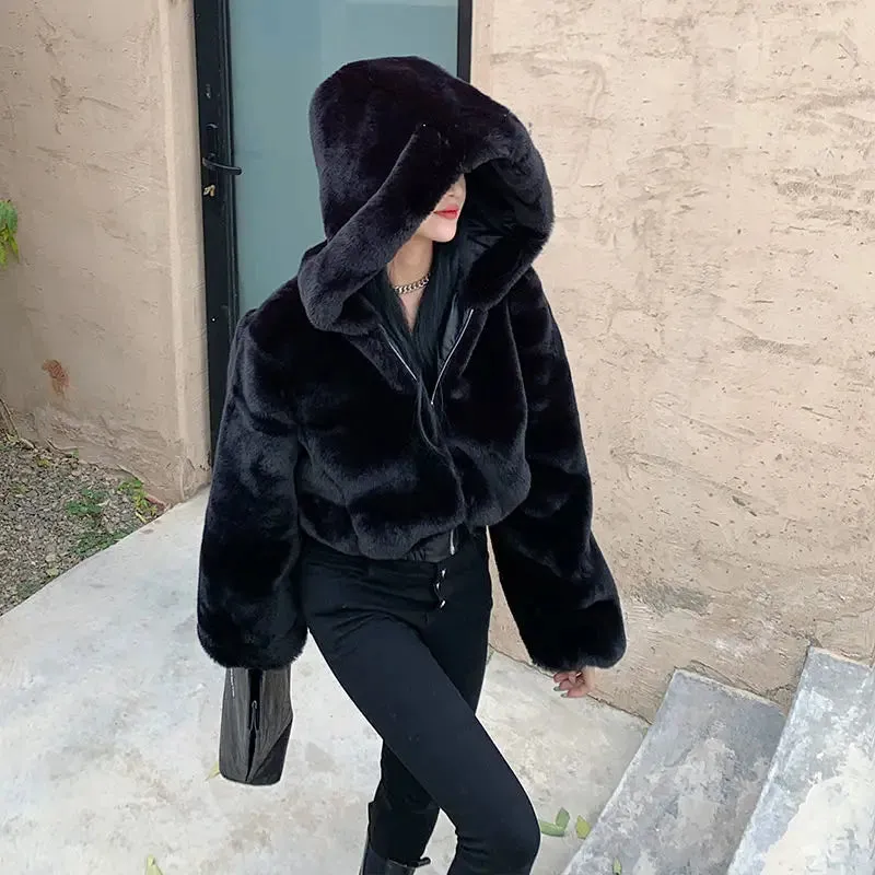 Fashionkova High Quality Furry Cropped Faux Fur Coats and Jackets Women Fluffy Top Coat with Hooded Winter Fur Jacket manteau femme
