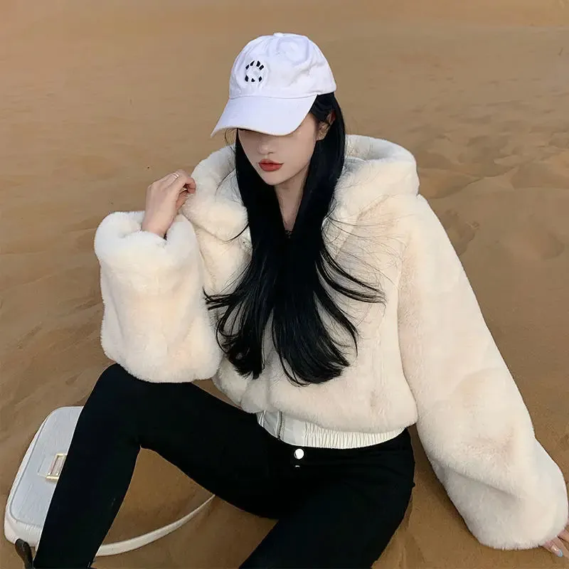 Fashionkova High Quality Furry Cropped Faux Fur Coats and Jackets Women Fluffy Top Coat with Hooded Winter Fur Jacket manteau femme