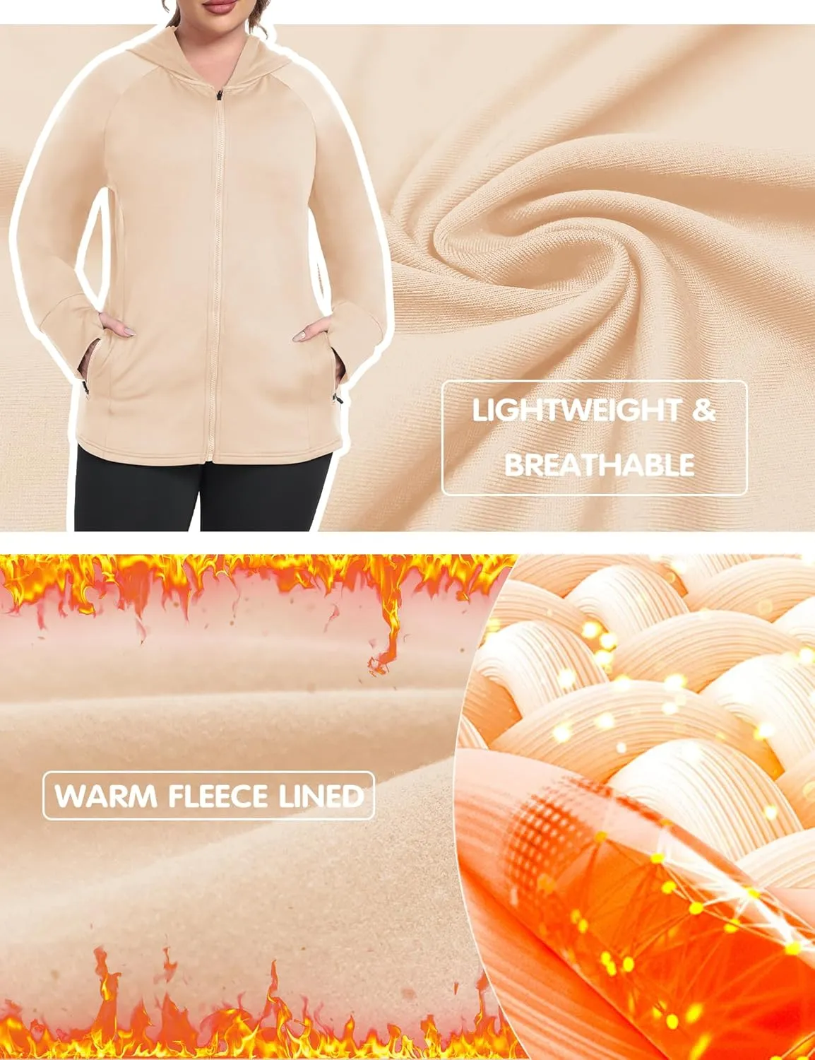 FOREYOND Plus Size Fleece Jackets for Women Thermal Zip Up Hoodies Running Athletic Winter Coats with Thumble Holes