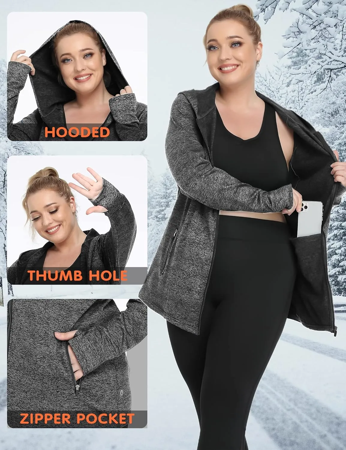 FOREYOND Plus Size Fleece Jackets for Women Thermal Zip Up Hoodies Running Athletic Winter Coats with Thumble Holes