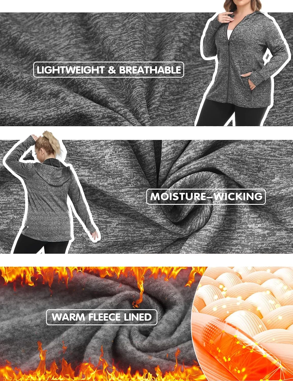 FOREYOND Plus Size Fleece Jackets for Women Thermal Zip Up Hoodies Running Athletic Winter Coats with Thumble Holes