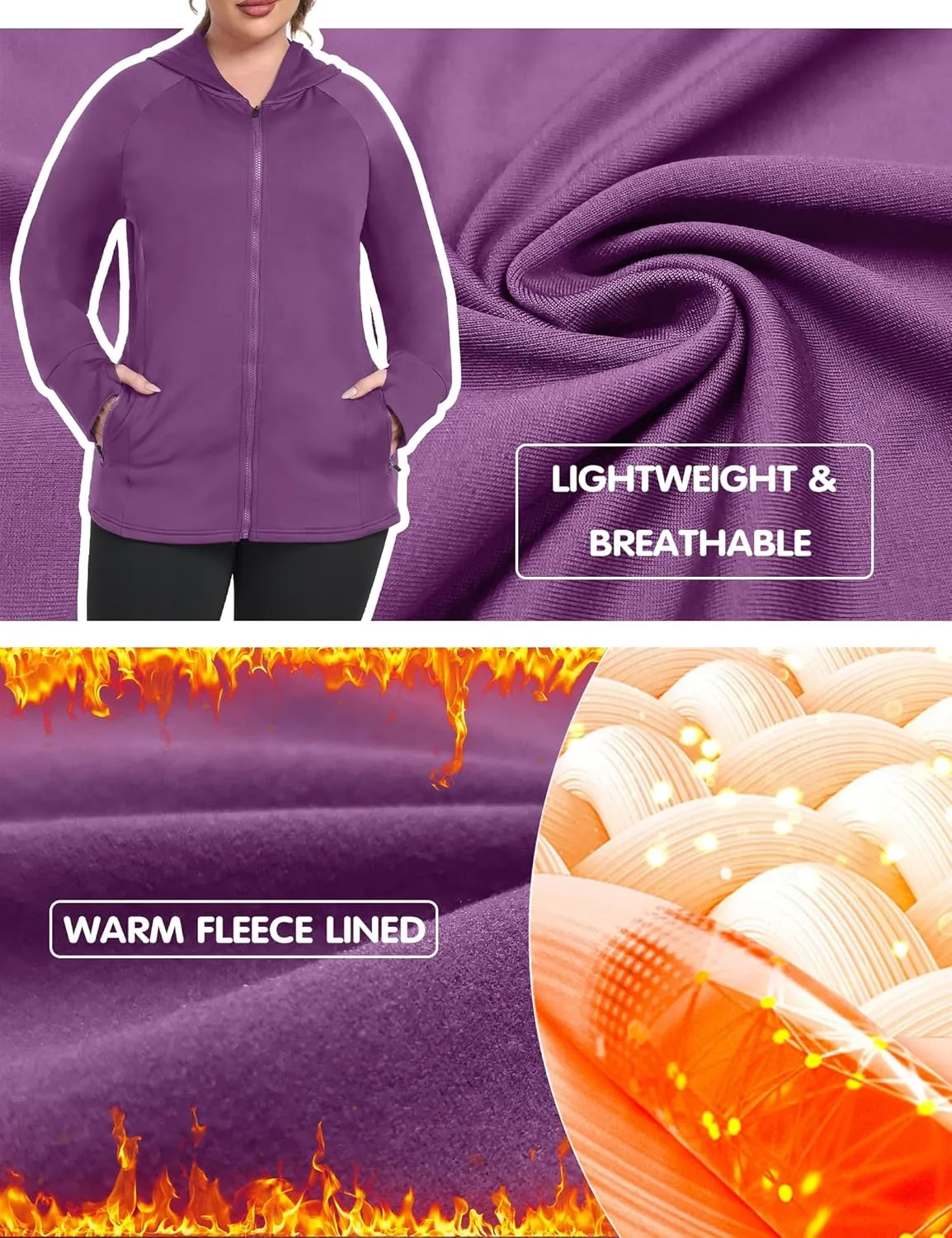 FOREYOND Plus Size Fleece Jackets for Women Thermal Zip Up Hoodies Running Athletic Winter Coats with Thumble Holes