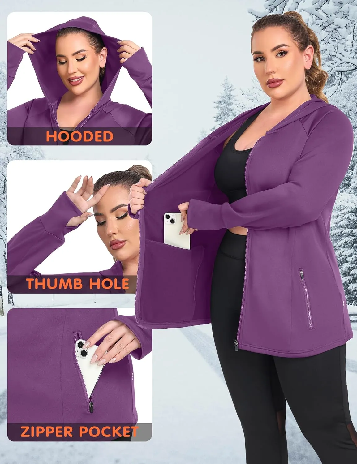 FOREYOND Plus Size Fleece Jackets for Women Thermal Zip Up Hoodies Running Athletic Winter Coats with Thumble Holes