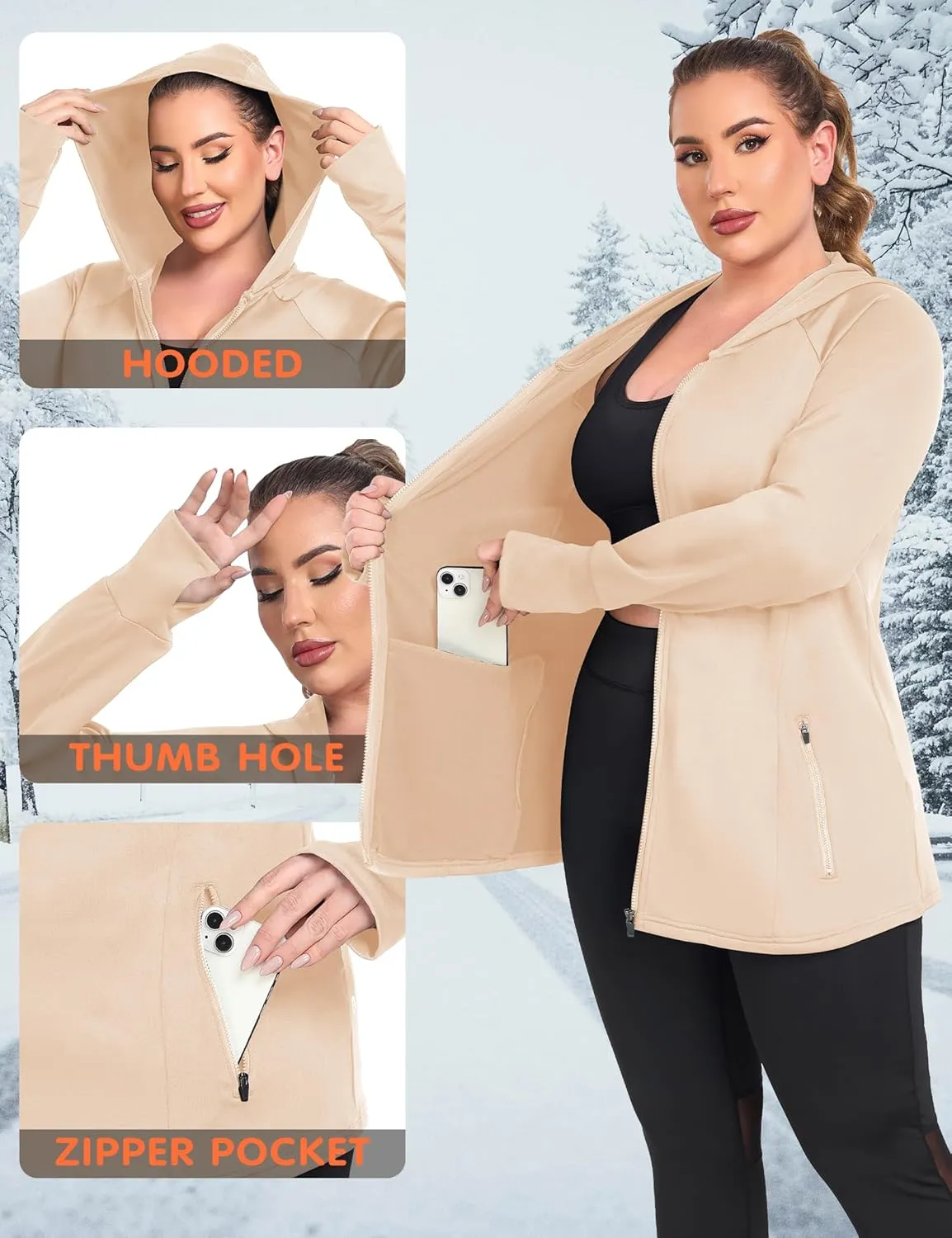 FOREYOND Plus Size Fleece Jackets for Women Thermal Zip Up Hoodies Running Athletic Winter Coats with Thumble Holes