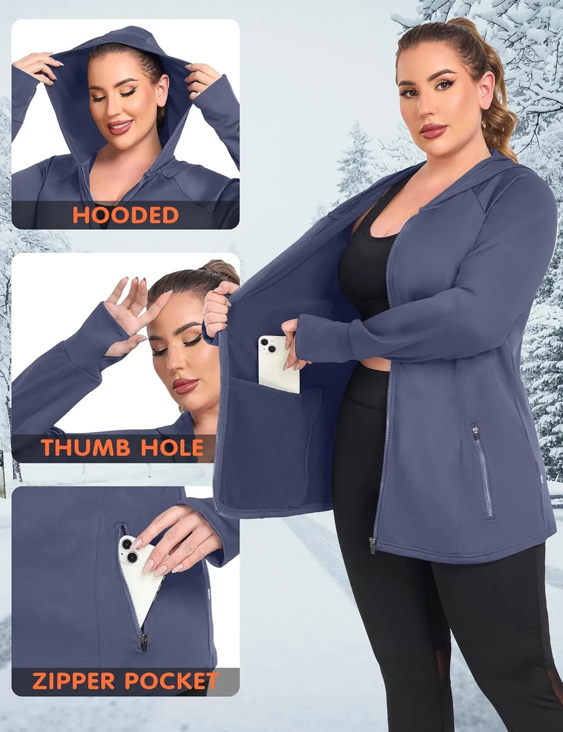 FOREYOND Plus Size Fleece Jackets for Women Thermal Zip Up Hoodies Running Athletic Winter Coats with Thumble Holes
