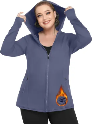 FOREYOND Plus Size Fleece Jackets for Women Thermal Zip Up Hoodies Running Athletic Winter Coats with Thumble Holes