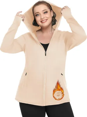 FOREYOND Plus Size Fleece Jackets for Women Thermal Zip Up Hoodies Running Athletic Winter Coats with Thumble Holes