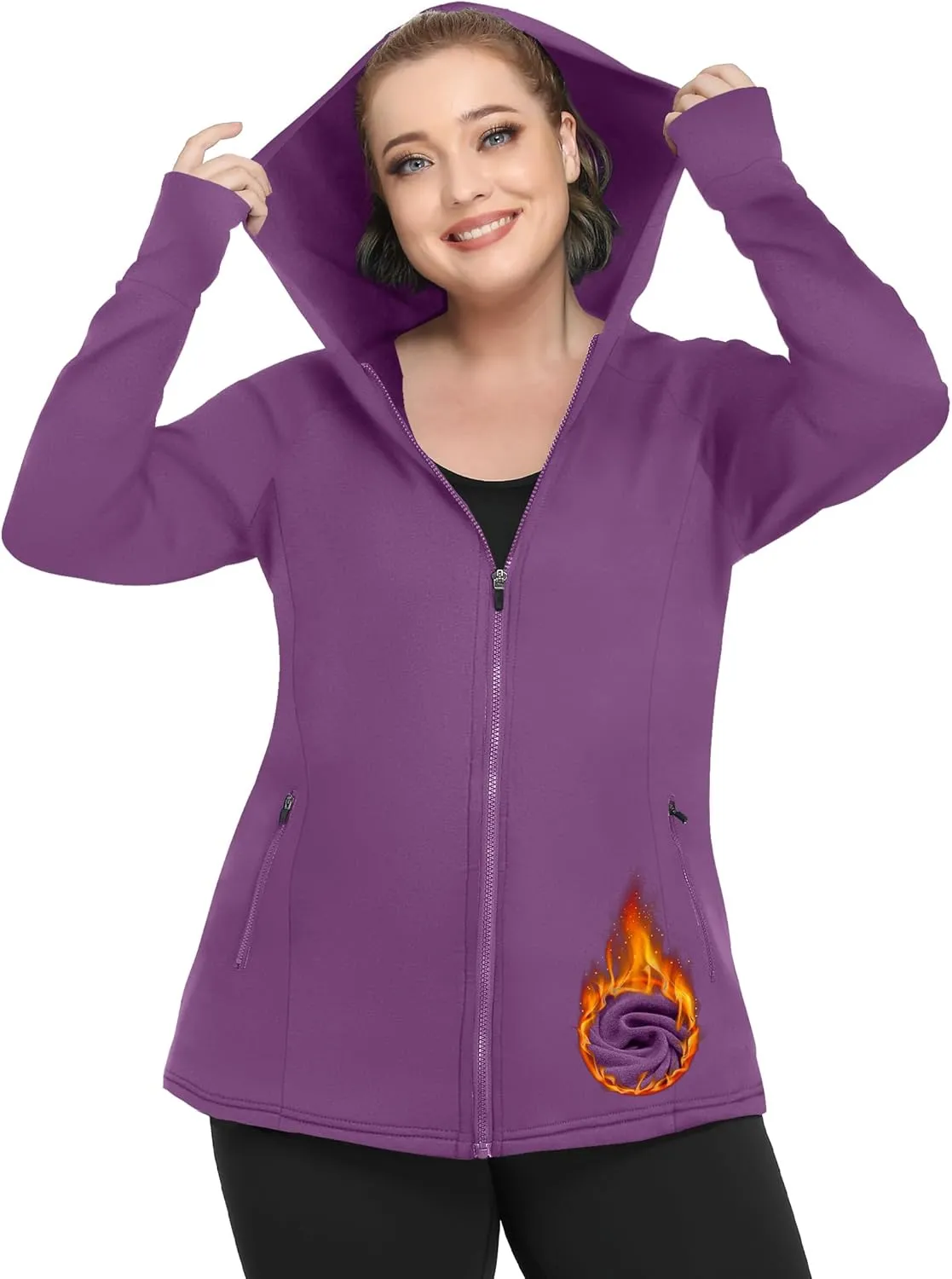 FOREYOND Plus Size Fleece Jackets for Women Thermal Zip Up Hoodies Running Athletic Winter Coats with Thumble Holes