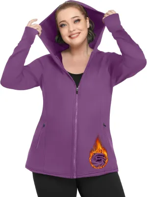 FOREYOND Plus Size Fleece Jackets for Women Thermal Zip Up Hoodies Running Athletic Winter Coats with Thumble Holes