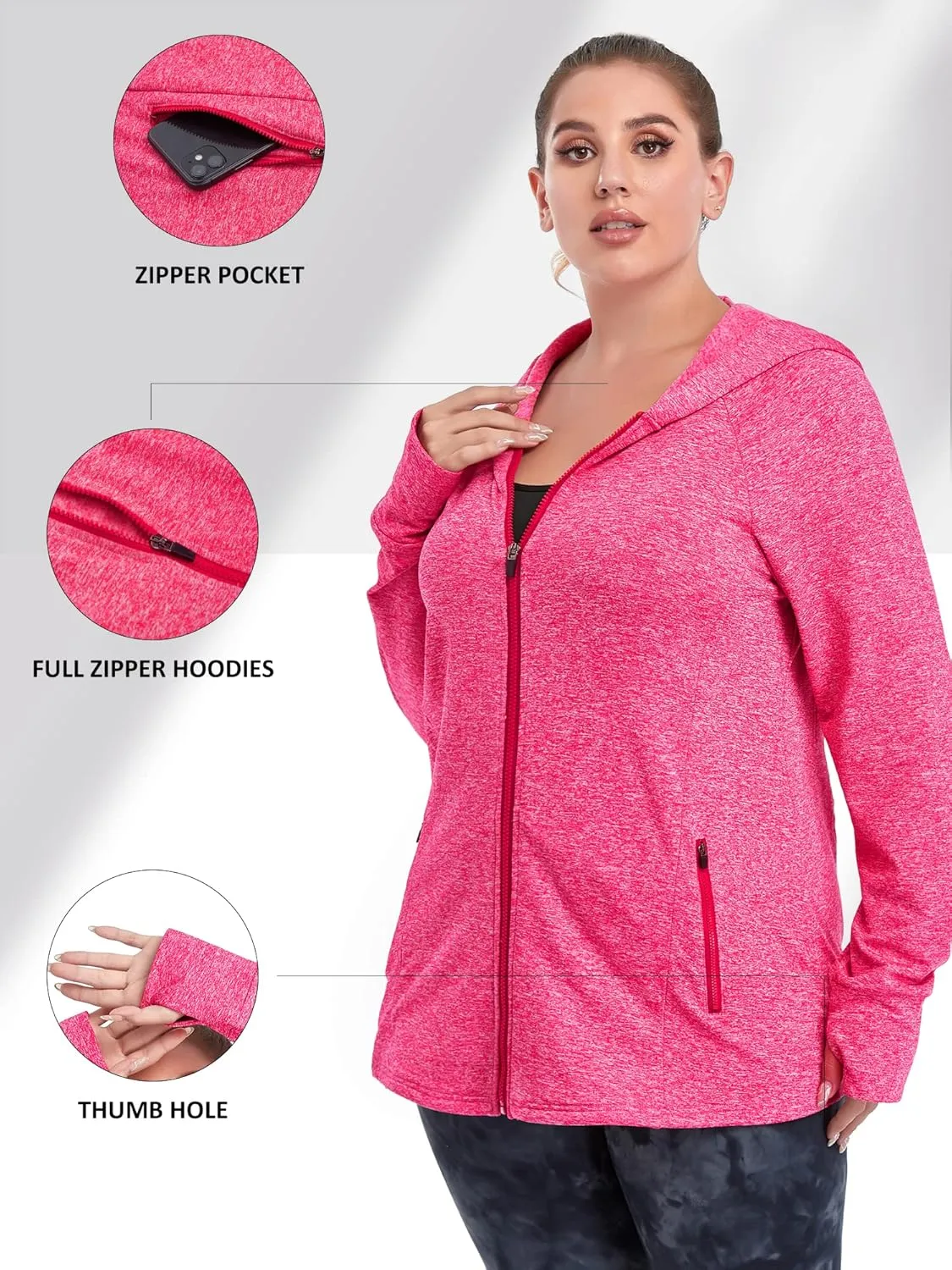 FOREYOND Plus Size Fleece Jackets for Women Thermal Zip Up Hoodies Running Athletic Winter Coats with Thumble Holes