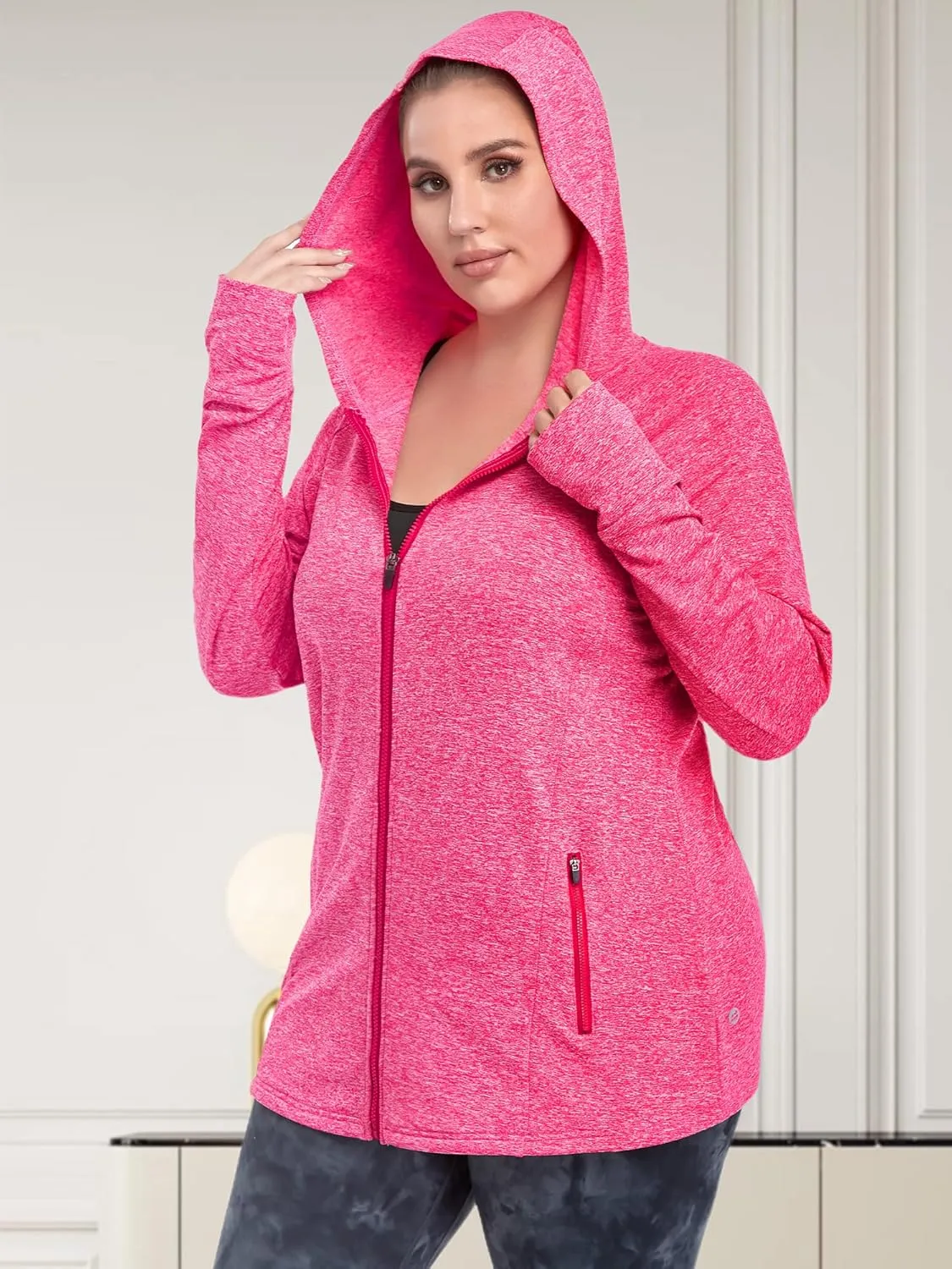 FOREYOND Plus Size Fleece Jackets for Women Thermal Zip Up Hoodies Running Athletic Winter Coats with Thumble Holes