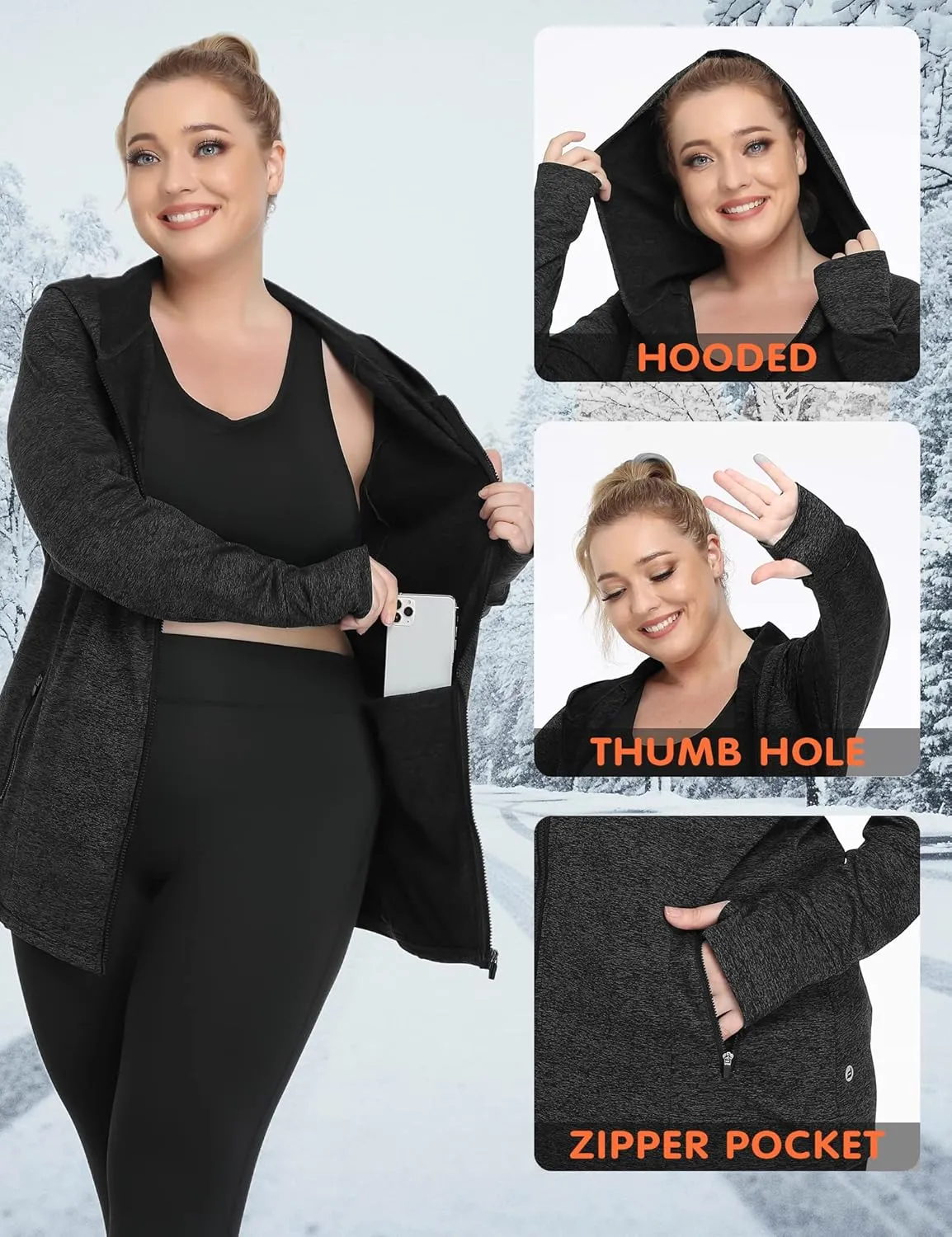 FOREYOND Plus Size Fleece Jackets for Women Thermal Zip Up Hoodies Running Athletic Winter Coats with Thumble Holes