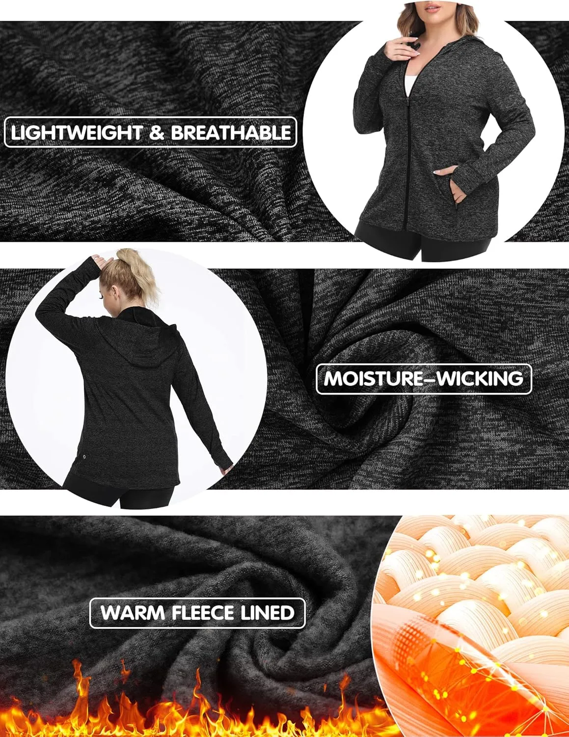 FOREYOND Plus Size Fleece Jackets for Women Thermal Zip Up Hoodies Running Athletic Winter Coats with Thumble Holes