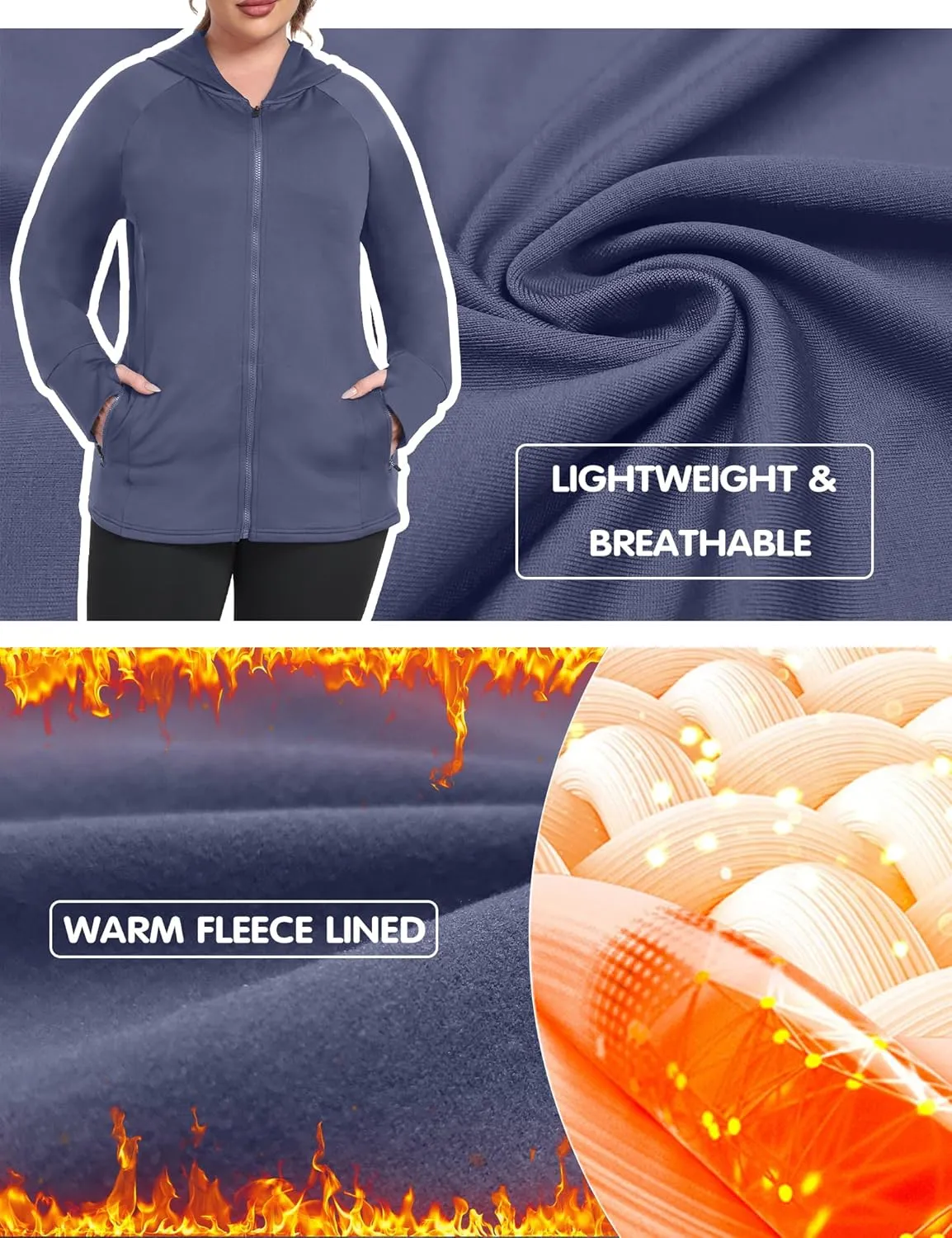 FOREYOND Plus Size Fleece Jackets for Women Thermal Zip Up Hoodies Running Athletic Winter Coats with Thumble Holes