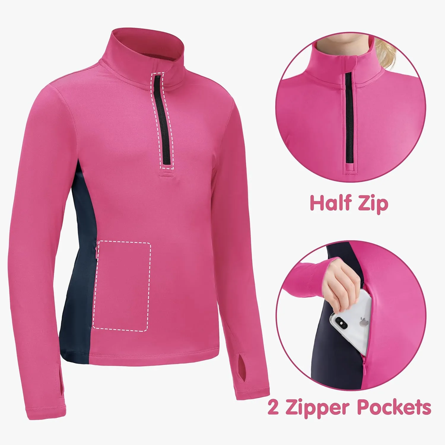Girls Equestrian Horse Riding Shirts - Long Sleeve Fleece Winter Quarter Zip Pullover Ice Skating Jacket Sweatshirts