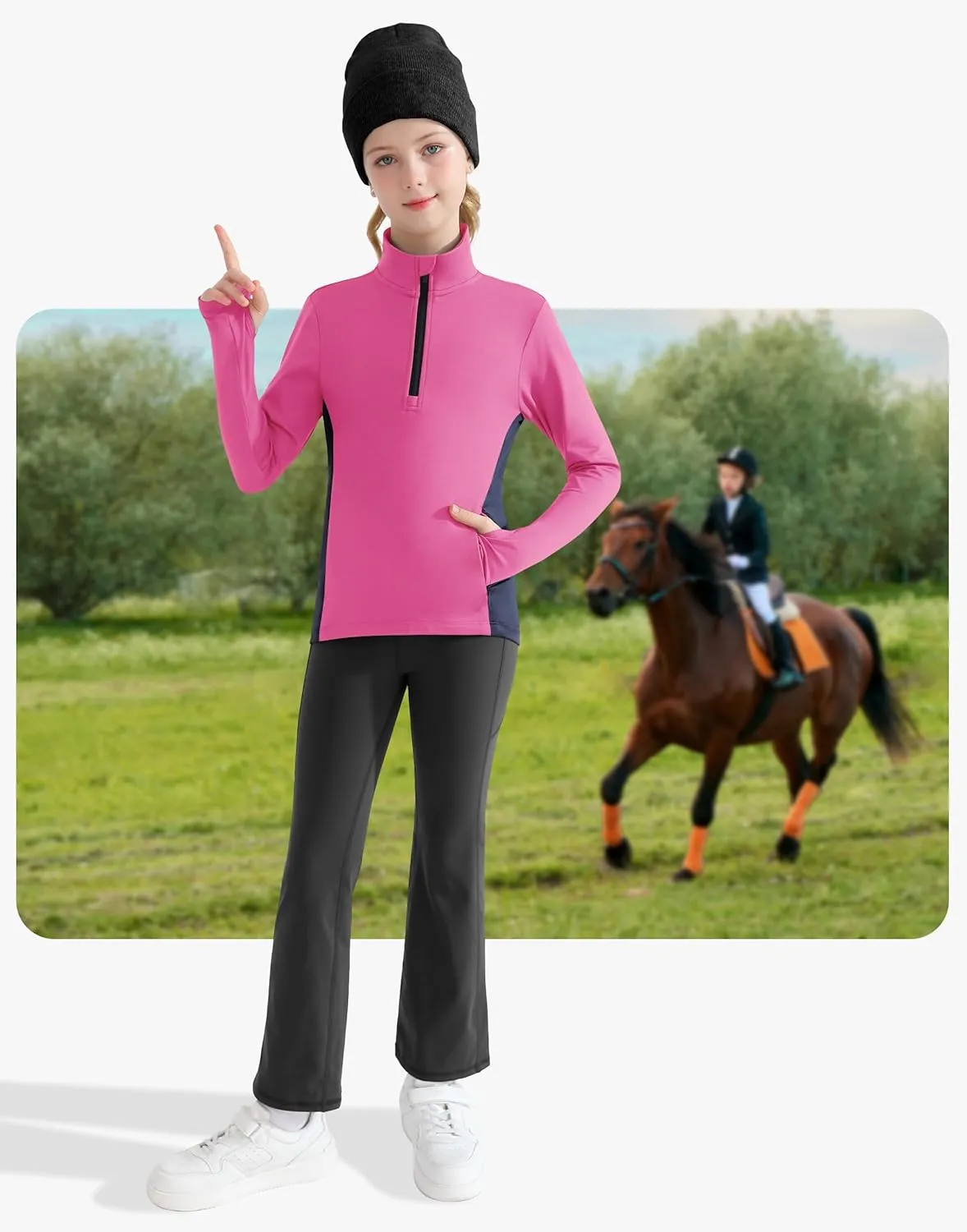 Girls Equestrian Horse Riding Shirts - Long Sleeve Fleece Winter Quarter Zip Pullover Ice Skating Jacket Sweatshirts