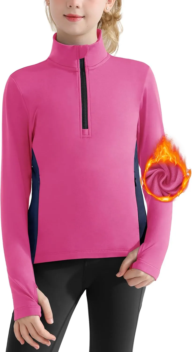 Girls Equestrian Horse Riding Shirts - Long Sleeve Fleece Winter Quarter Zip Pullover Ice Skating Jacket Sweatshirts