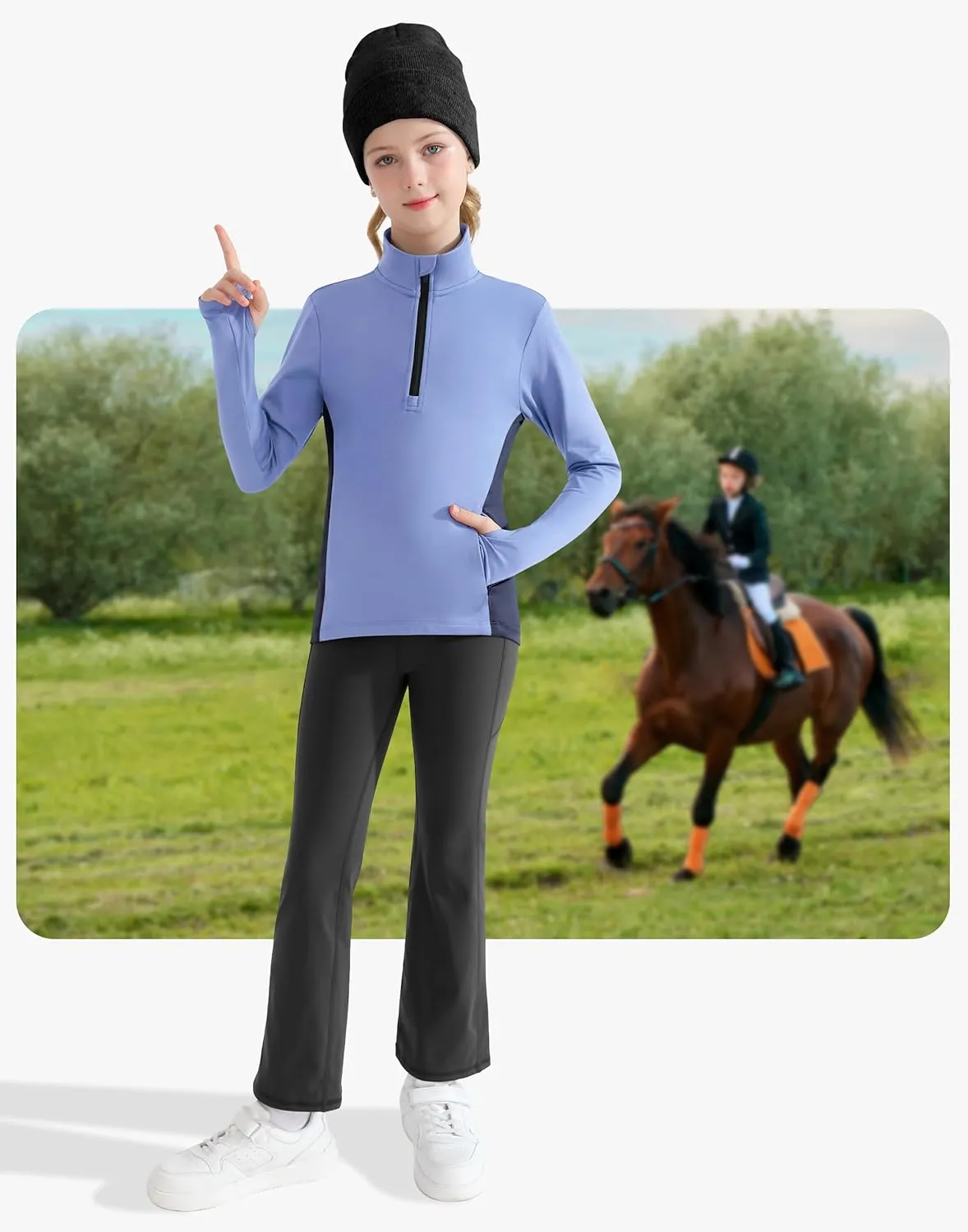 Girls Equestrian Horse Riding Shirts - Long Sleeve Fleece Winter Quarter Zip Pullover Ice Skating Jacket Sweatshirts