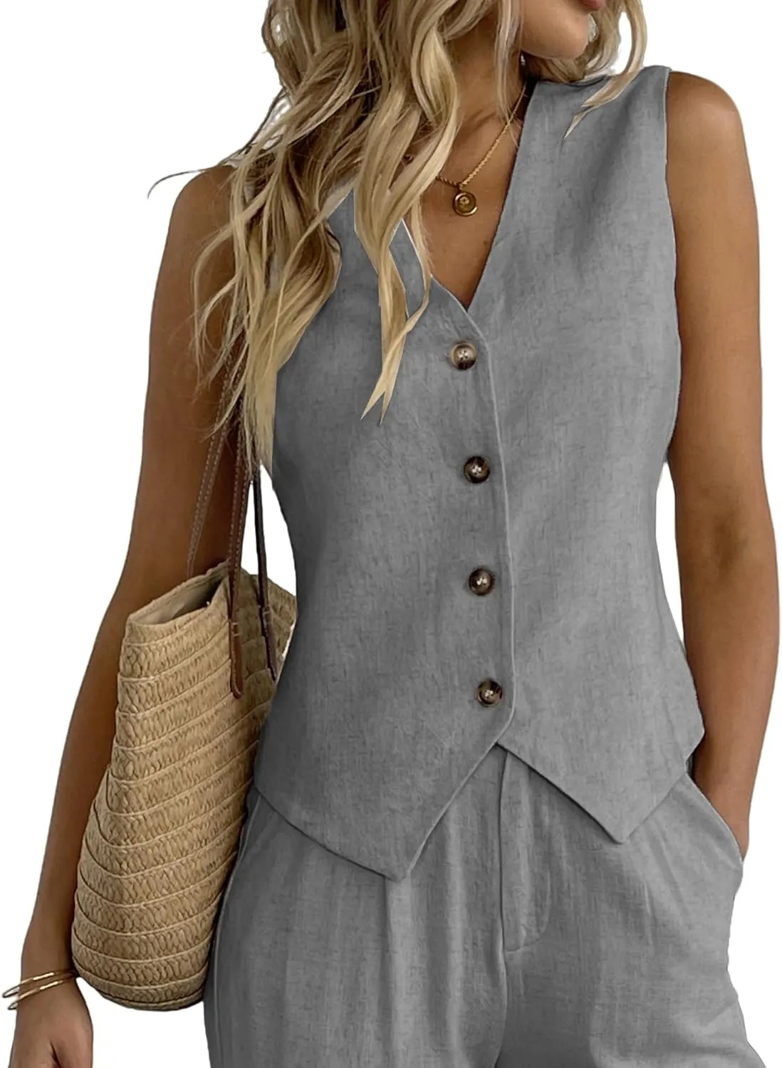 heipeiwa Women's Cotton Linen Vest Button Down Sleeveless V Neck Tank Tops Waistcoat Jacket