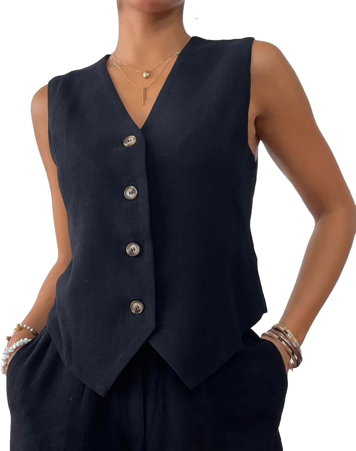 heipeiwa Women's Cotton Linen Vest Button Down Sleeveless V Neck Tank Tops Waistcoat Jacket